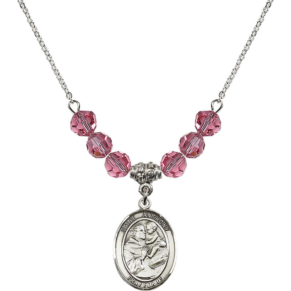Sterling Silver Saint Anthony of Padua Birthstone Necklace with Rose Beads - 8004