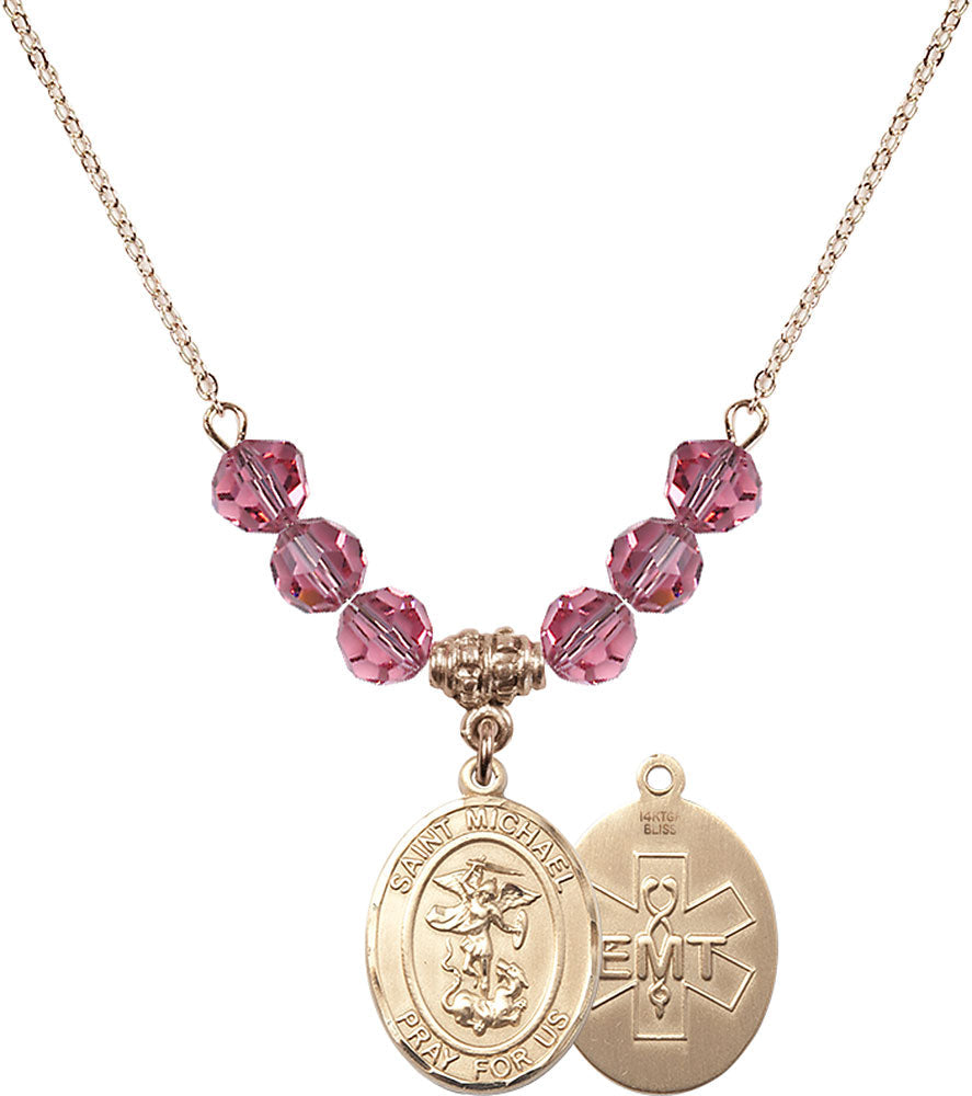 14kt Gold Filled Saint Michael / EMT Birthstone Necklace with Rose Beads - 8076