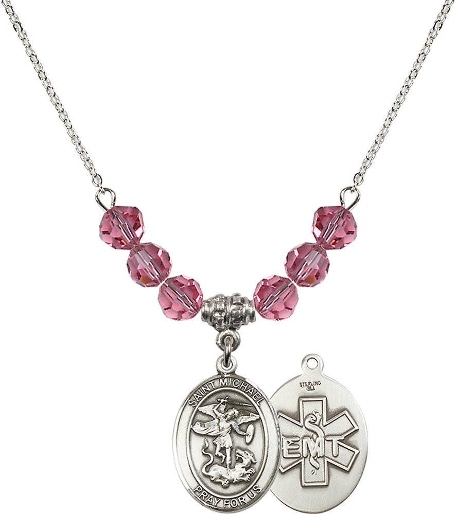 Sterling Silver Saint Michael / EMT Birthstone Necklace with Rose Beads - 8076