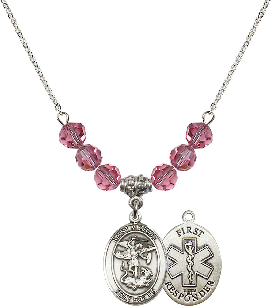 Sterling Silver Saint Michael/1St Responder Birthstone Necklace with Rose Beads - 8076