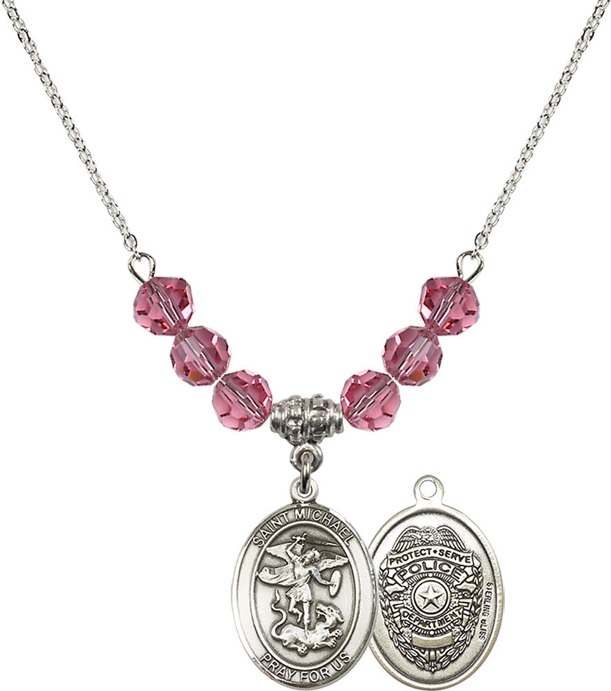 Sterling Silver Saint Michael / Policeman Birthstone Necklace with Rose Beads - 8076