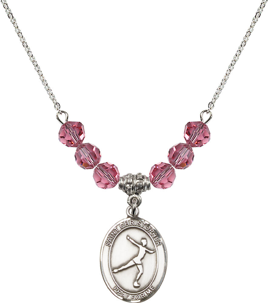 Sterling Silver Saint Christopher/Figure Skating Birthstone Necklace with Rose Beads - 8139