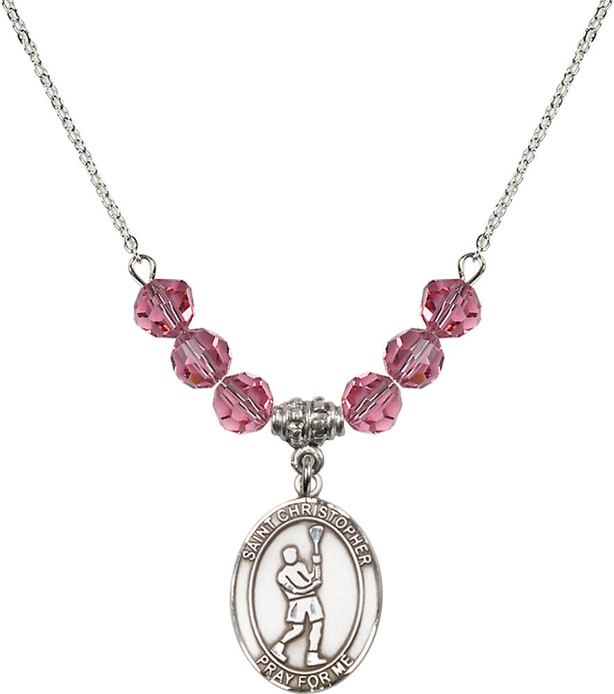 Sterling Silver Saint Christopher/Lacrosse Birthstone Necklace with Rose Beads - 8144