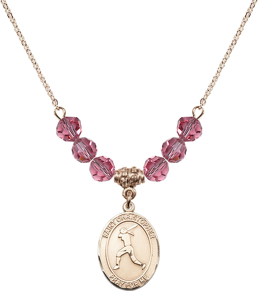 14kt Gold Filled Saint Christopher/Softball Birthstone Necklace with Rose Beads - 8145
