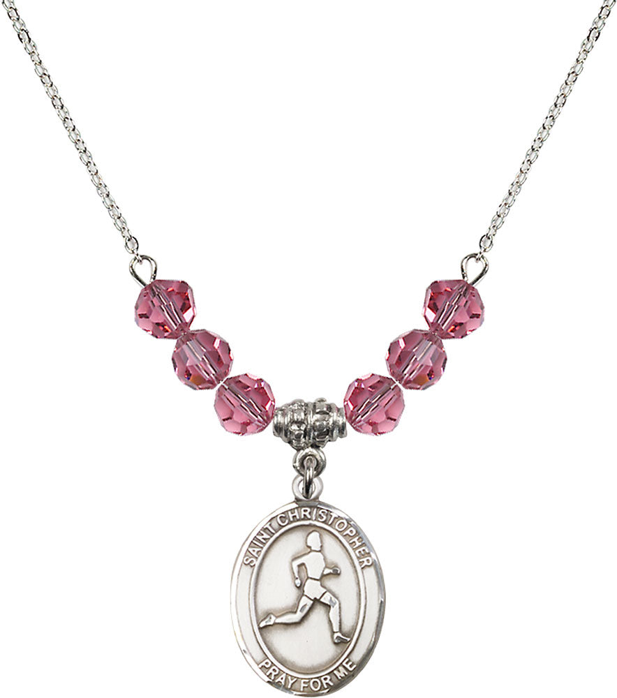Sterling Silver Saint Christopher/Track & Field Birthstone Necklace with Rose Beads - 8149