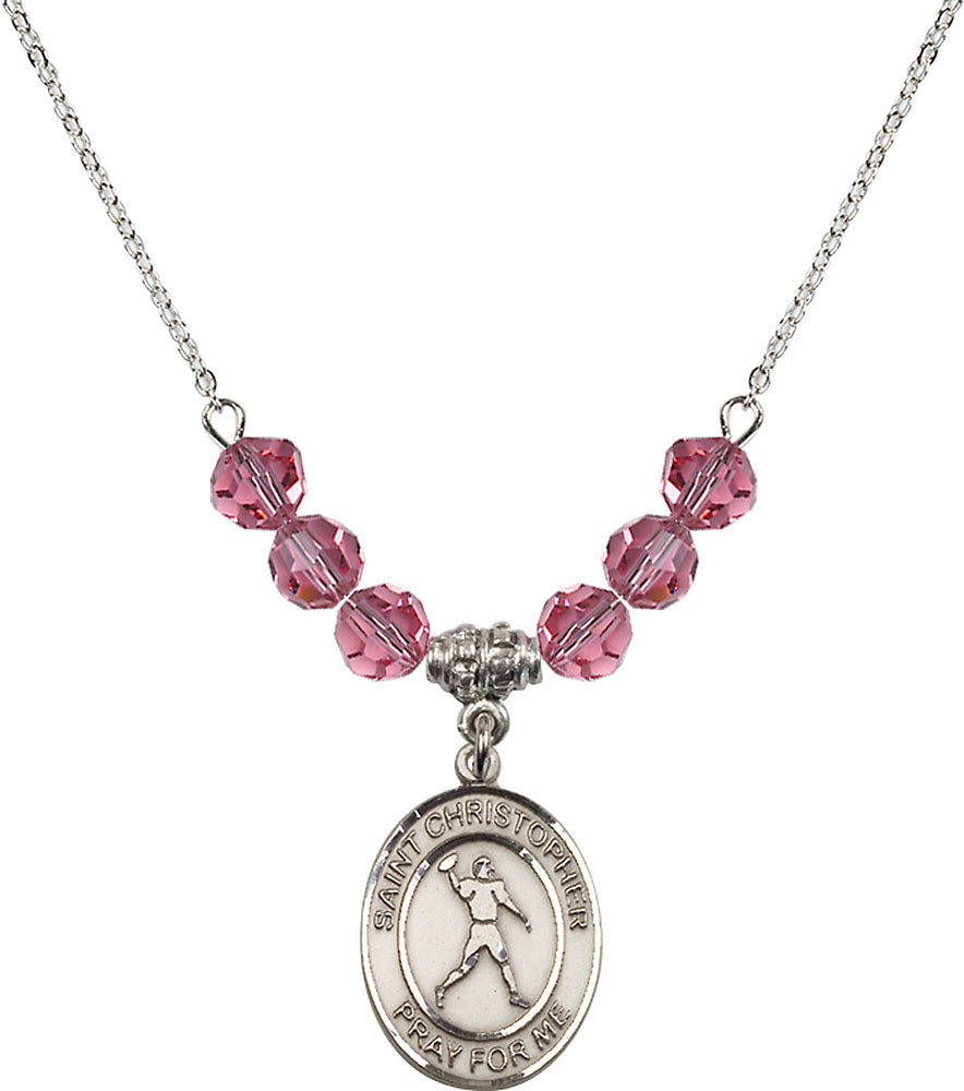 Sterling Silver Saint Christopher/Football Birthstone Necklace with Rose Beads - 8151