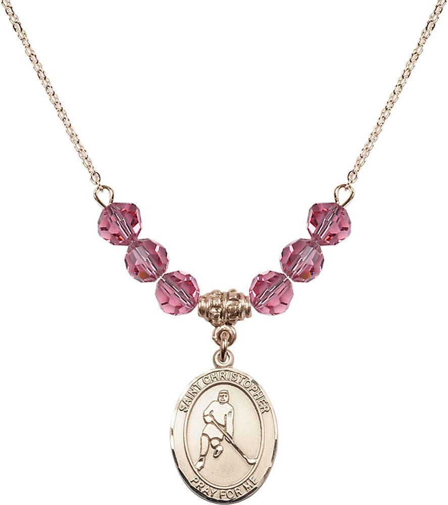 14kt Gold Filled Saint Christopher/Ice Hockey Birthstone Necklace with Rose Beads - 8155