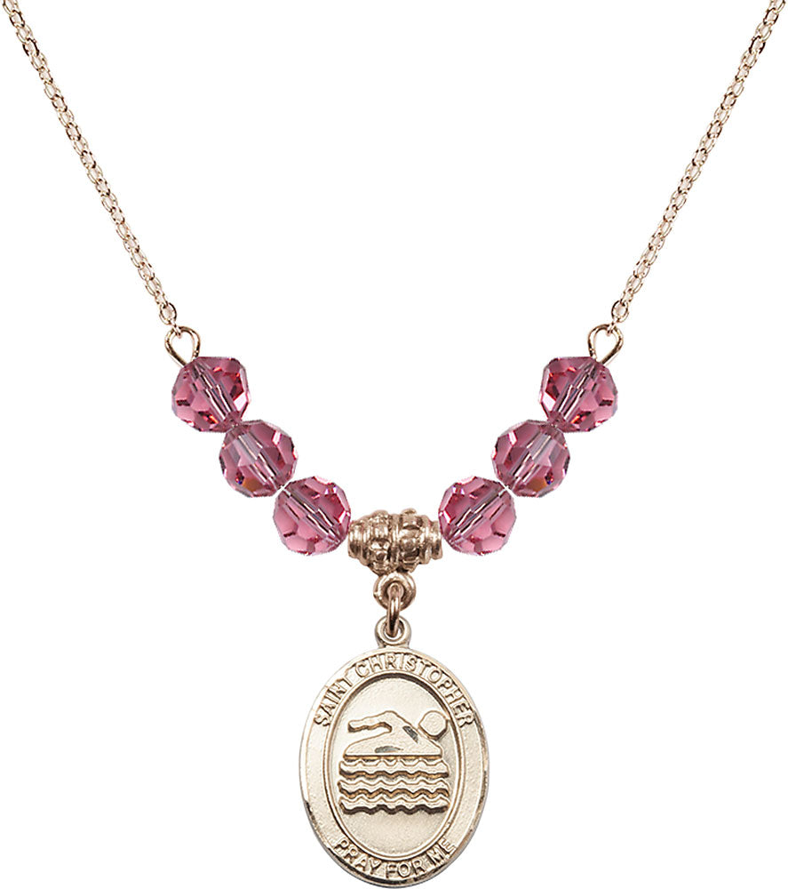 14kt Gold Filled Saint Christopher/Swimming Birthstone Necklace with Rose Beads - 8157