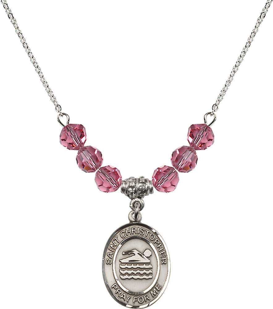 Sterling Silver Saint Christopher/Swimming Birthstone Necklace with Rose Beads - 8157