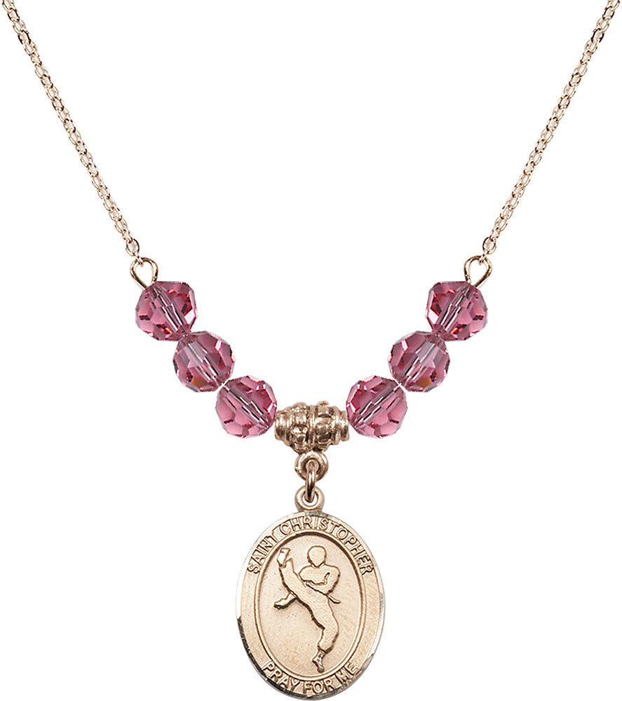 14kt Gold Filled Saint Christopher/Martial Arts Birthstone Necklace with Rose Beads - 8158