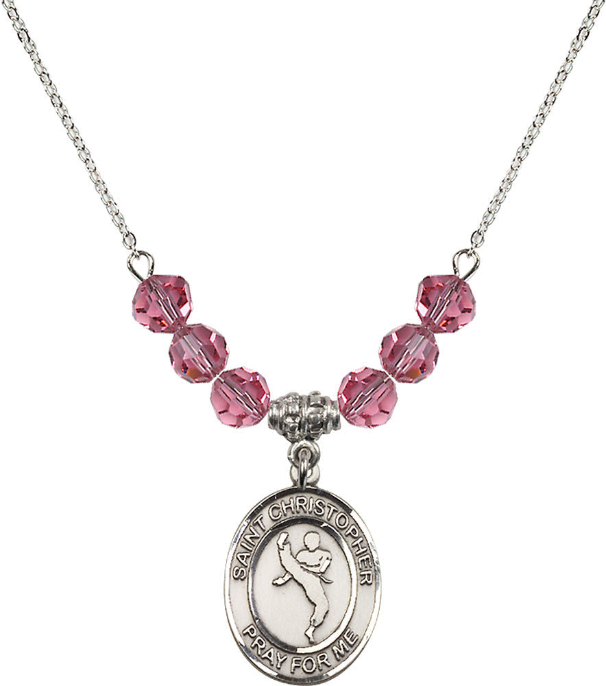 Sterling Silver Saint Christopher/Martial Arts Birthstone Necklace with Rose Beads - 8158