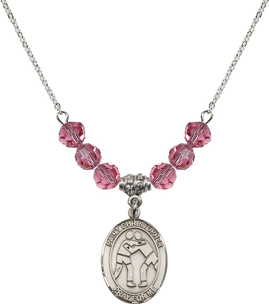 Sterling Silver Saint Christopher/Wrestling Birthstone Necklace with Rose Beads - 8159