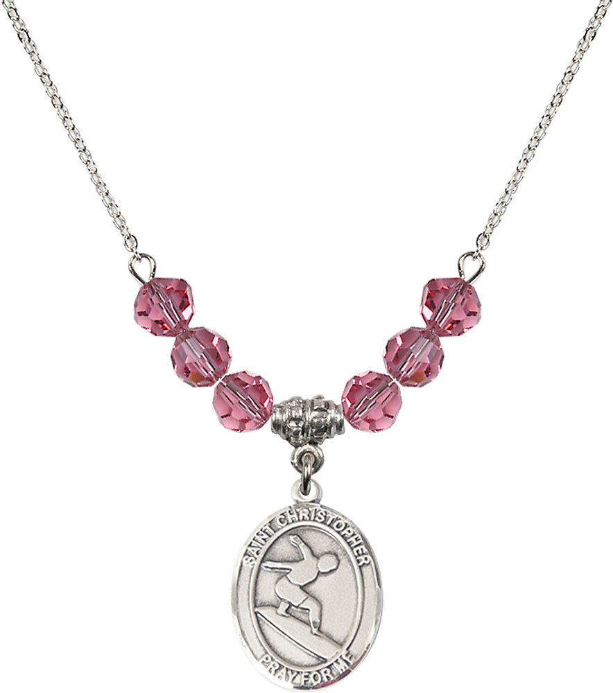 Sterling Silver Saint Christopher/Surfing Birthstone Necklace with Rose Beads - 8184