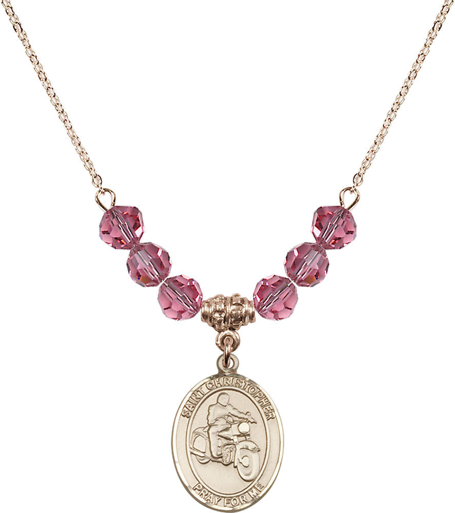 14kt Gold Filled Saint Christopher/Motorcycle Birthstone Necklace with Rose Beads - 8185