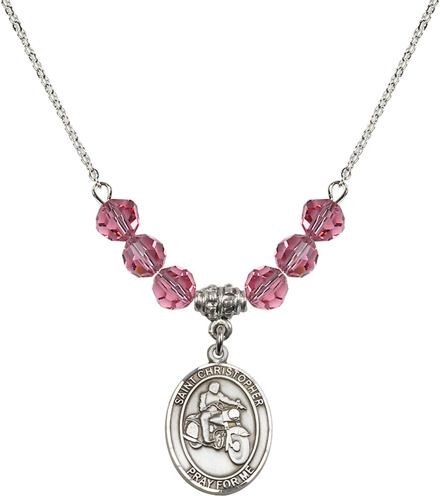Sterling Silver Saint Christopher/Motorcycle Birthstone Necklace with Rose Beads - 8185
