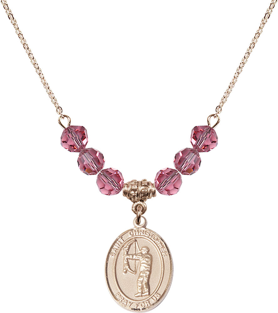 14kt Gold Filled Saint Christopher/Archery Birthstone Necklace with Rose Beads - 8190