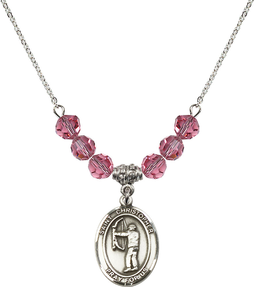 Sterling Silver Saint Christopher/Archery Birthstone Necklace with Rose Beads - 8190