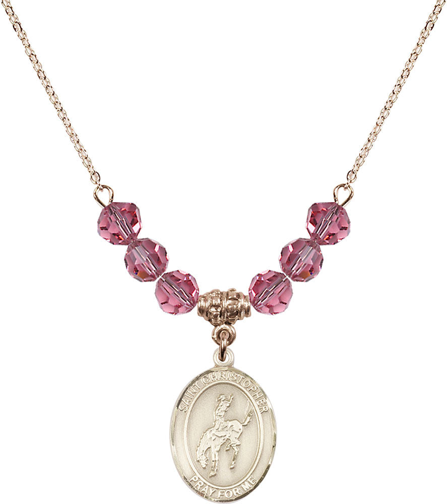 14kt Gold Filled Saint Christopher / Rodeo Birthstone Necklace with Rose Beads - 8192