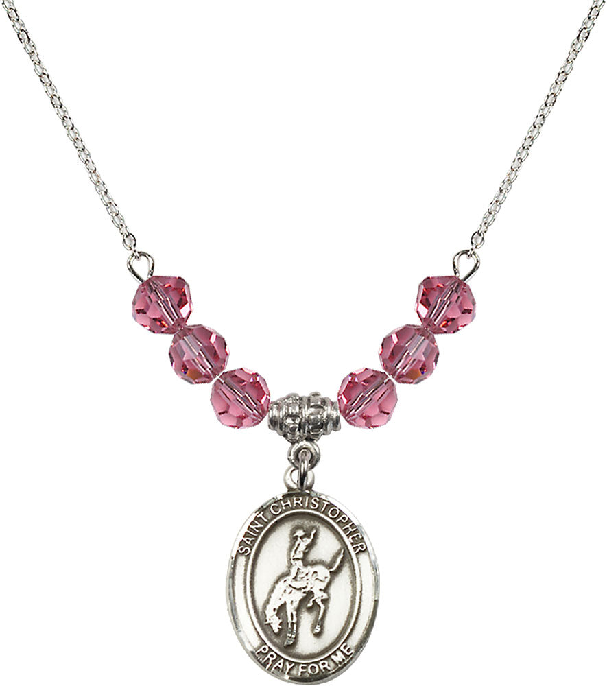 Sterling Silver Saint Christopher / Rodeo Birthstone Necklace with Rose Beads - 8192