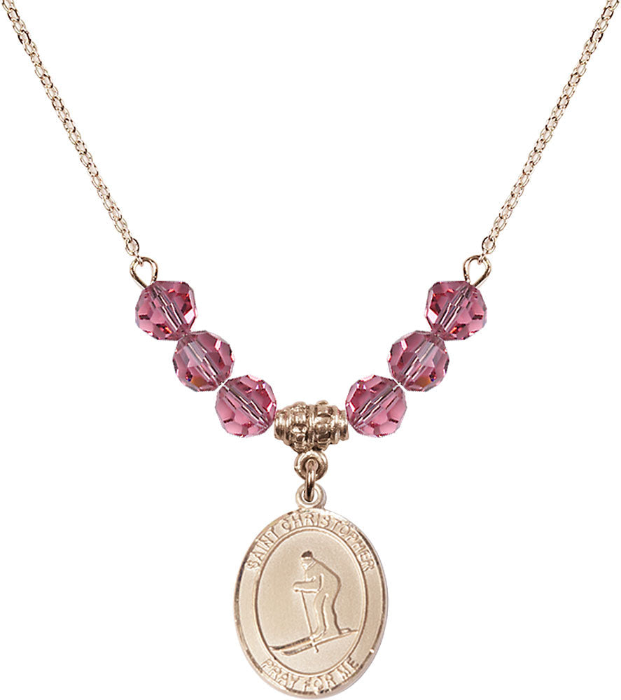 14kt Gold Filled Saint Christopher / Skiing Birthstone Necklace with Rose Beads - 8193