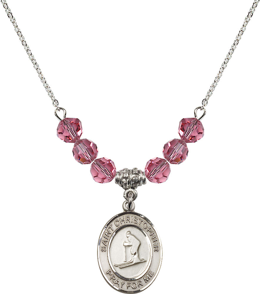 Sterling Silver Saint Christopher / Skiing Birthstone Necklace with Rose Beads - 8193