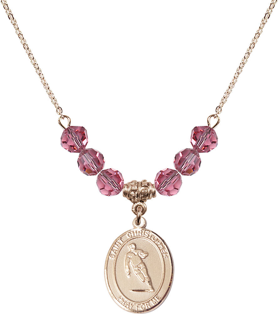 14kt Gold Filled Saint Christopher / Rugby Birthstone Necklace with Rose Beads - 8194