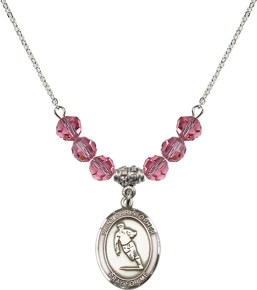 Sterling Silver Saint Christopher / Rugby Birthstone Necklace with Rose Beads - 8194