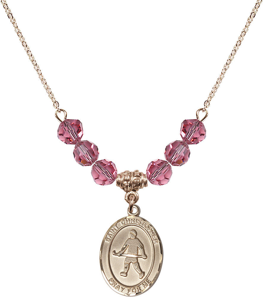 14kt Gold Filled Saint Christopher / Field Hockey Birthstone Necklace with Rose Beads - 8195