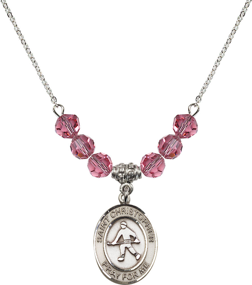 Sterling Silver Saint Christopher / Field Hockey Birthstone Necklace with Rose Beads - 8195
