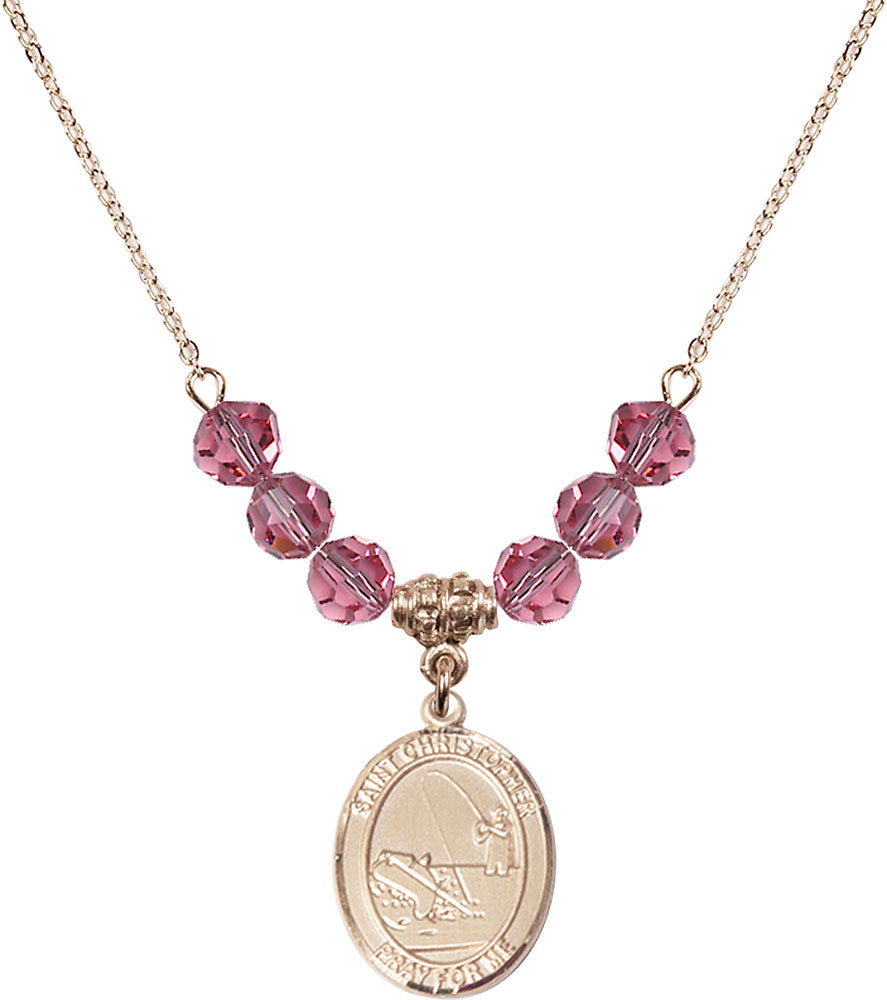 14kt Gold Filled Saint Christopher / Fishing Birthstone Necklace with Rose Beads - 8196