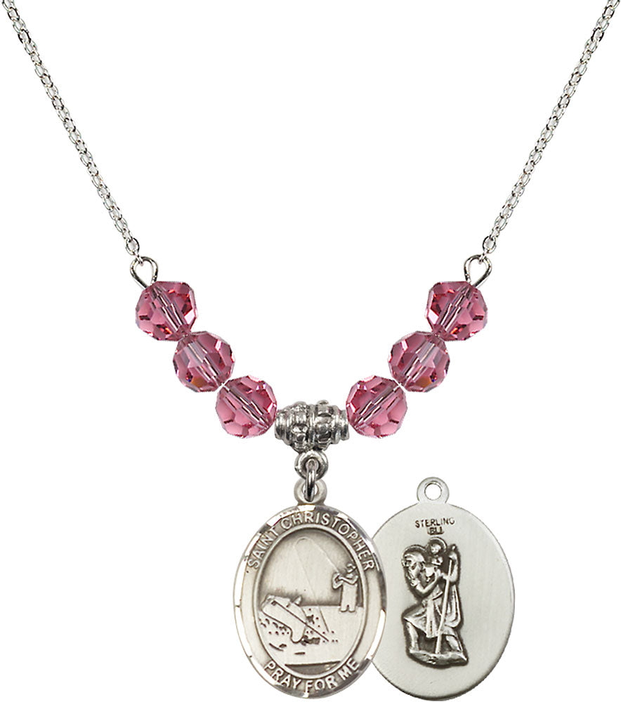 Sterling Silver Saint Christopher / Fishing Birthstone Necklace with Rose Beads - 8196