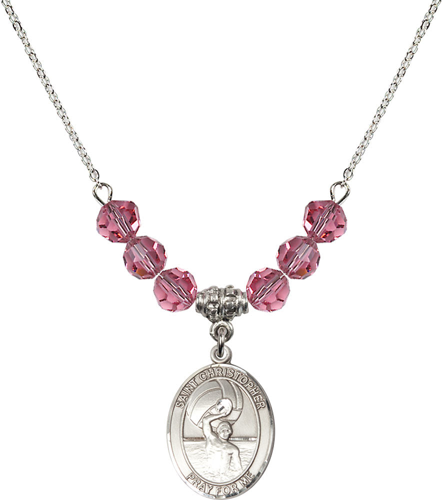 Sterling Silver Saint Christopher/Water Polo-Men Birthstone Necklace with Rose Beads - 8198