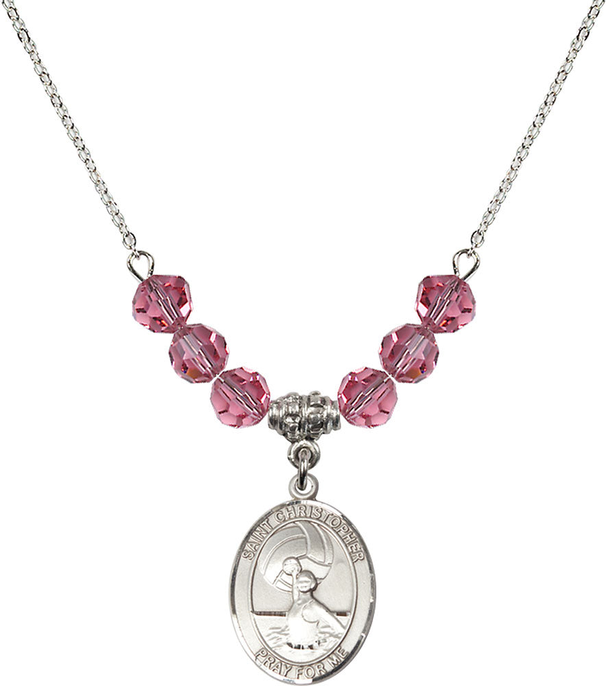 Sterling Silver Saint Christopher/Water Polo-Women Birthstone Necklace with Rose Beads - 8199