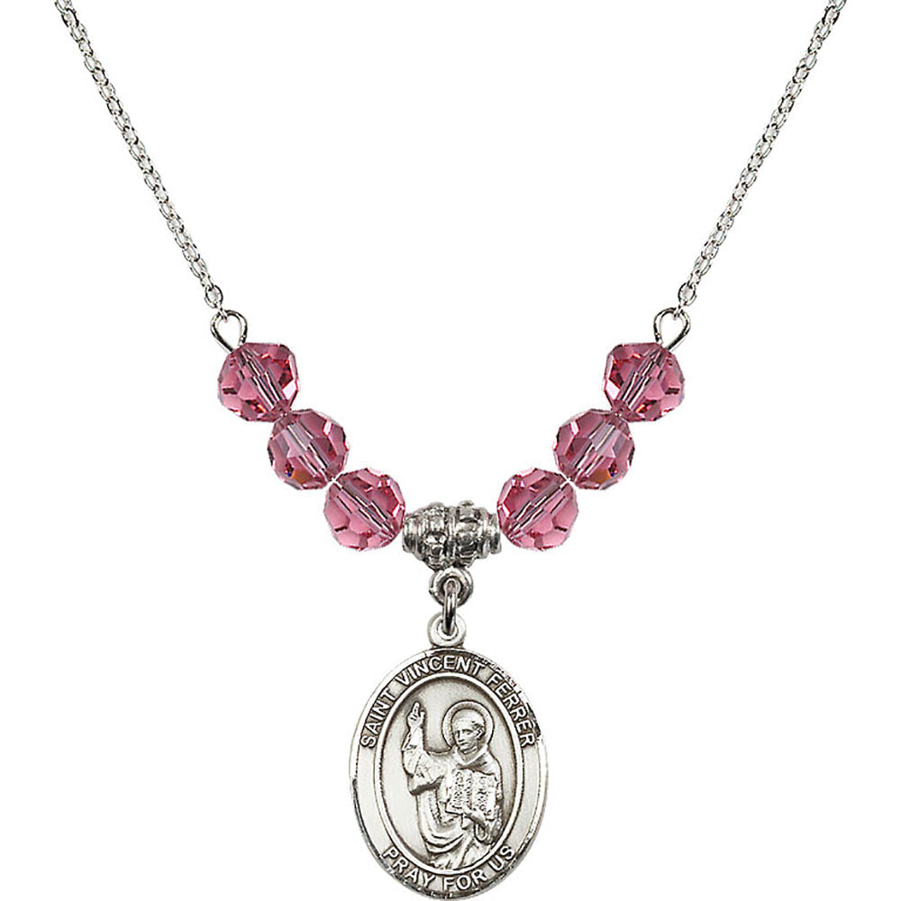 Sterling Silver Saint Vincent Ferrer Birthstone Necklace with Rose Beads - 8201