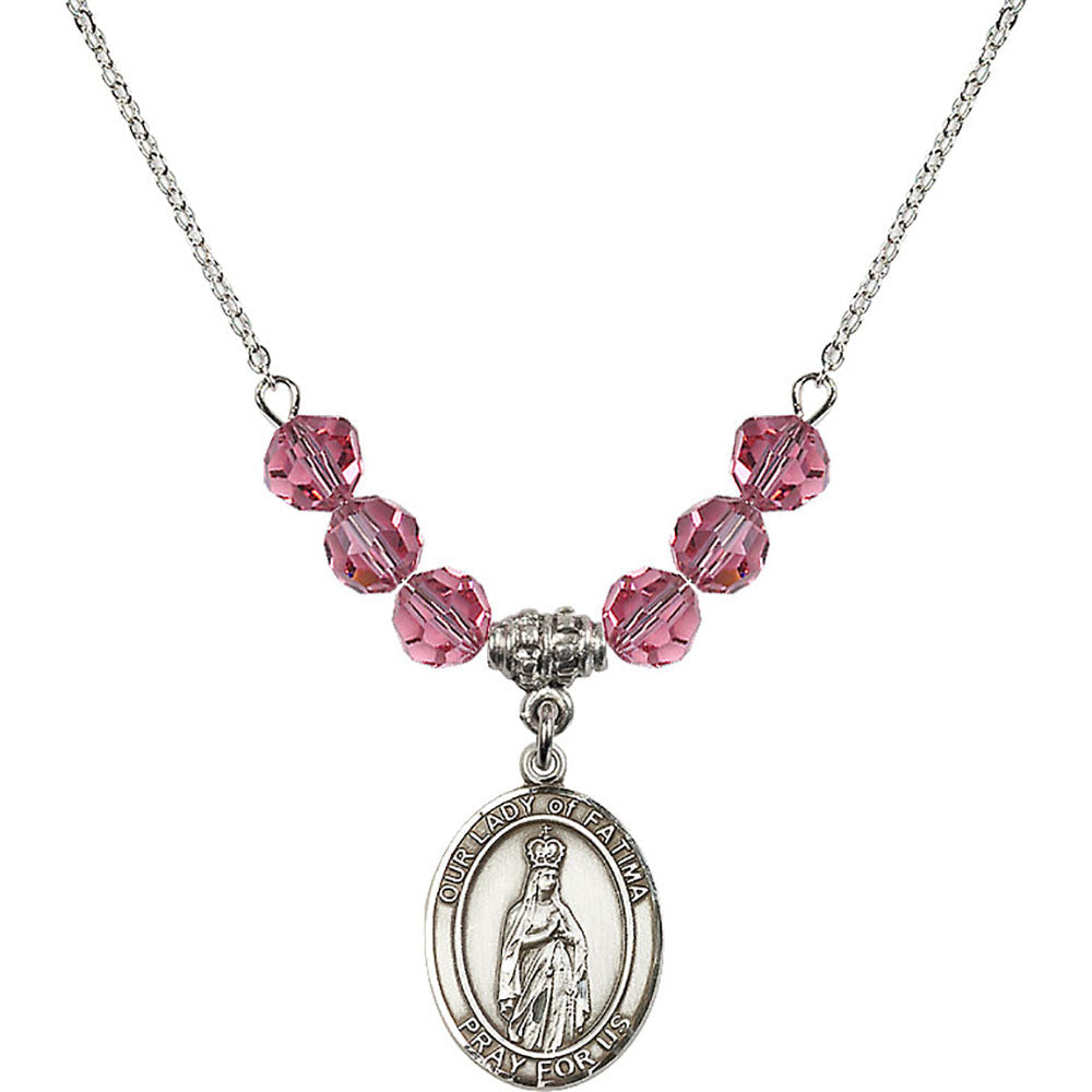 Sterling Silver Our Lady of Fatima Birthstone Necklace with Rose Beads - 8205