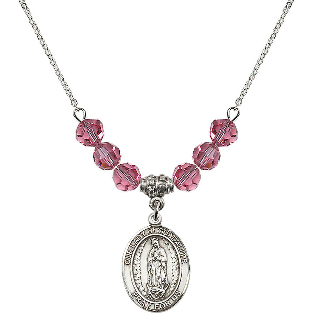 Sterling Silver Our Lady of Guadalupe Birthstone Necklace with Rose Beads - 8206