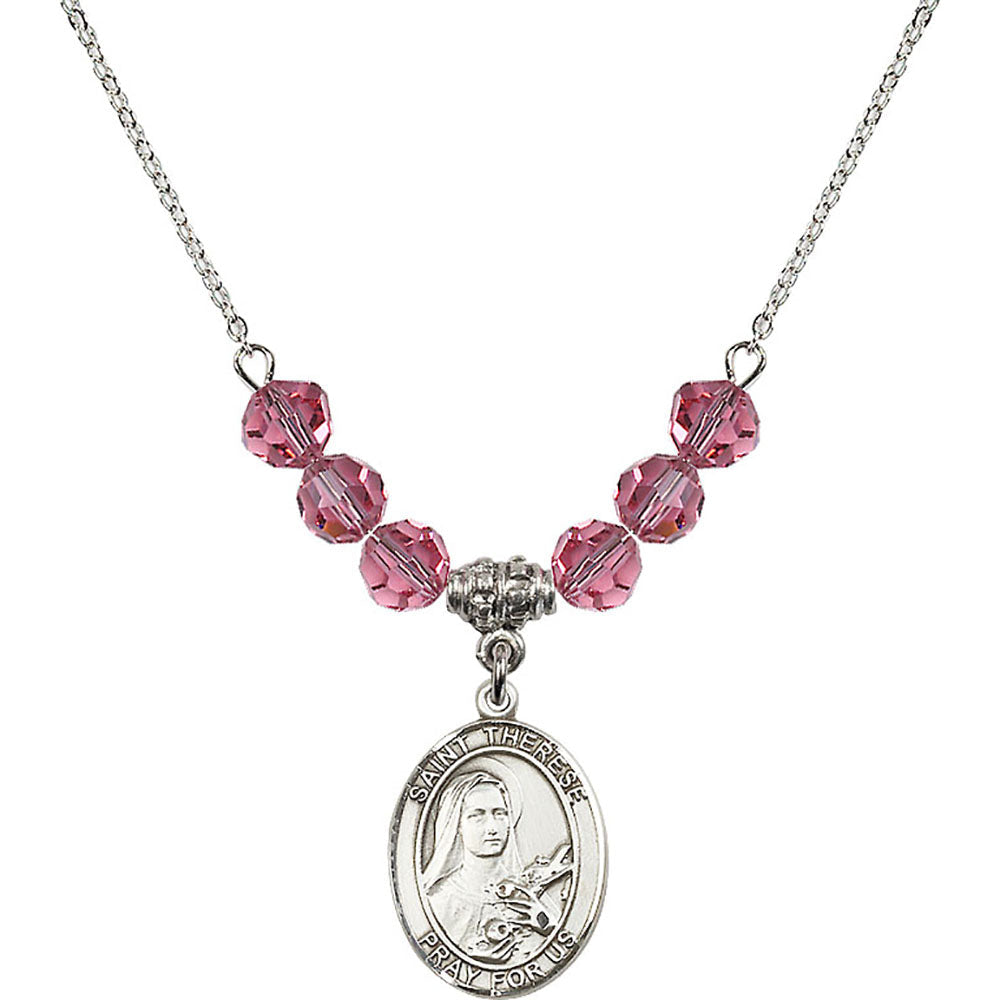 Sterling Silver Saint Therese of Lisieux Birthstone Necklace with Rose Beads - 8210