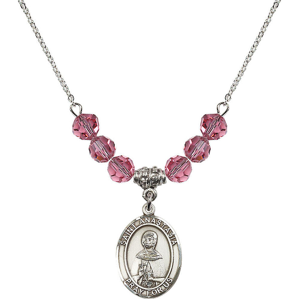 Sterling Silver Saint Anastasia Birthstone Necklace with Rose Beads - 8213