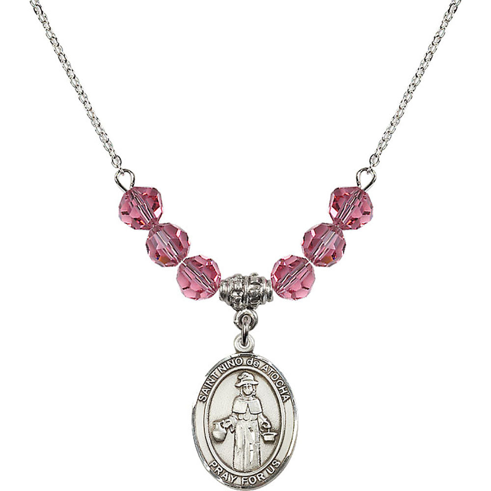 Sterling Silver Saint Nino de Atocha Birthstone Necklace with Rose Beads - 8214