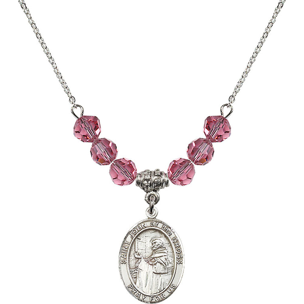 Sterling Silver Saint John of the Cross Birthstone Necklace with Rose Beads - 8231