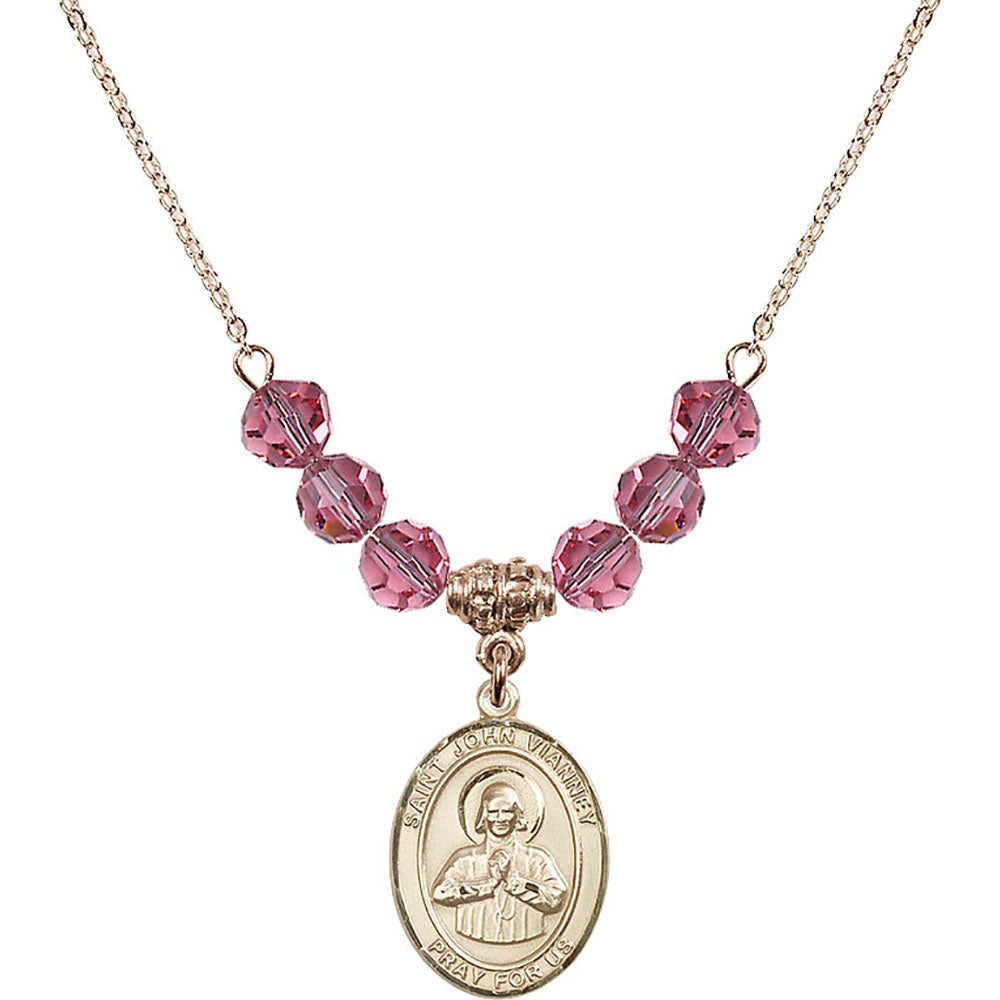 14kt Gold Filled Saint John Vianney Birthstone Necklace with Rose Beads - 8282