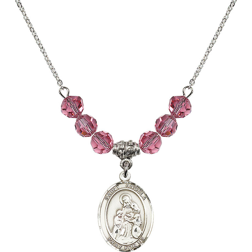 Sterling Silver Saint Angela Merici Birthstone Necklace with Rose Beads - 8284