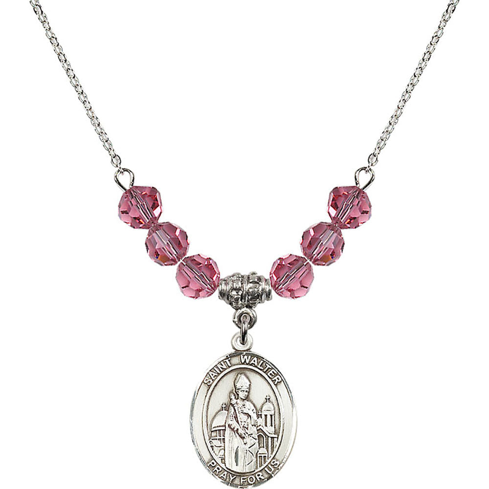 Sterling Silver Saint Walter of Pontoise Birthstone Necklace with Rose Beads - 8285