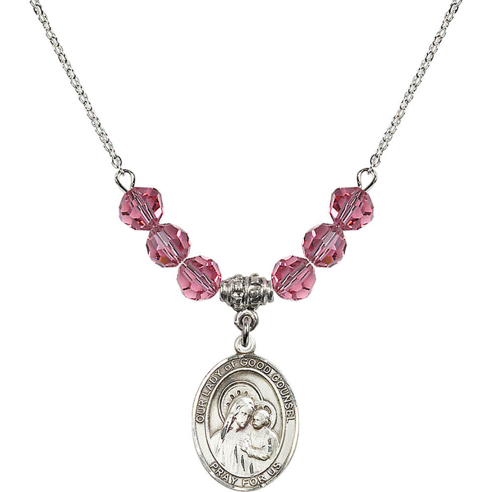 Sterling Silver Our Lady of Good Counsel Birthstone Necklace with Rose Beads - 8287