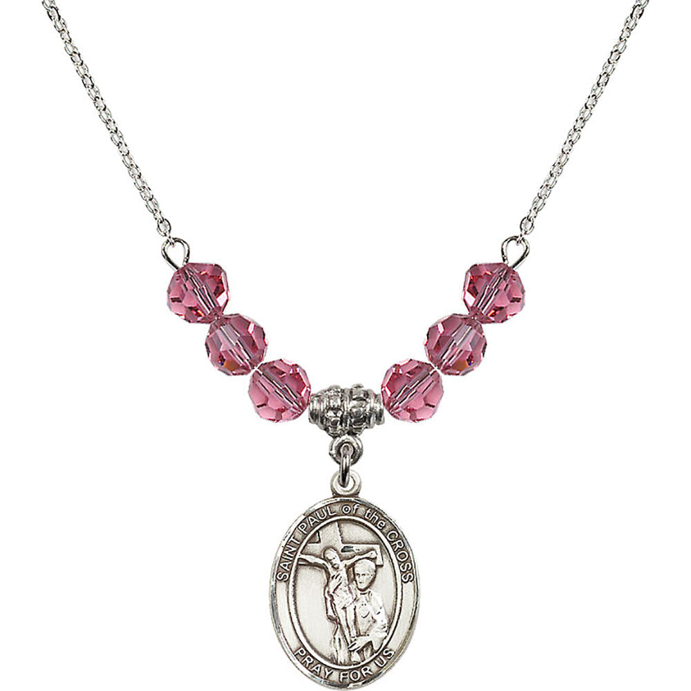 Sterling Silver Saint Paul of the Cross Birthstone Necklace with Rose Beads - 8318