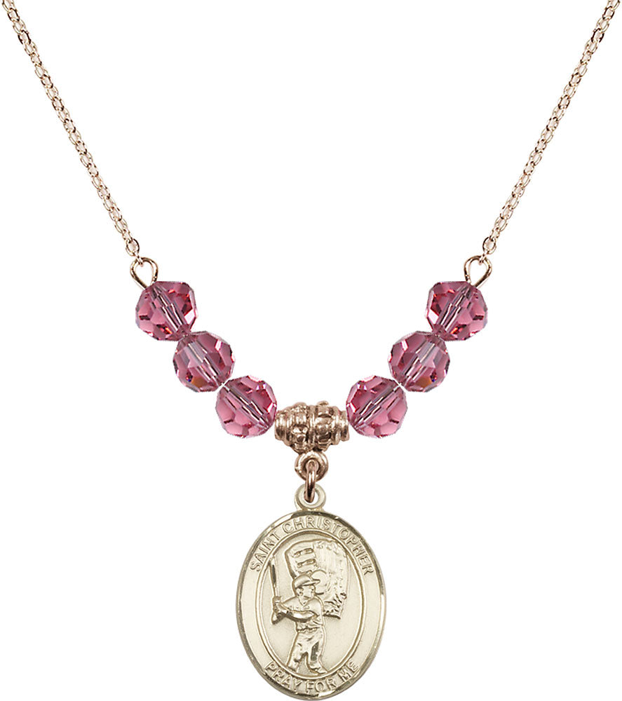 14kt Gold Filled Saint Christopher/Baseball Birthstone Necklace with Rose Beads - 8500