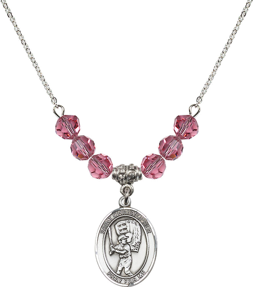 Sterling Silver Saint Christopher/Baseball Birthstone Necklace with Rose Beads - 8500
