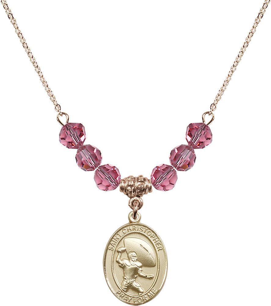 14kt Gold Filled Saint Christopher / Football Birthstone Necklace with Rose Beads - 8501