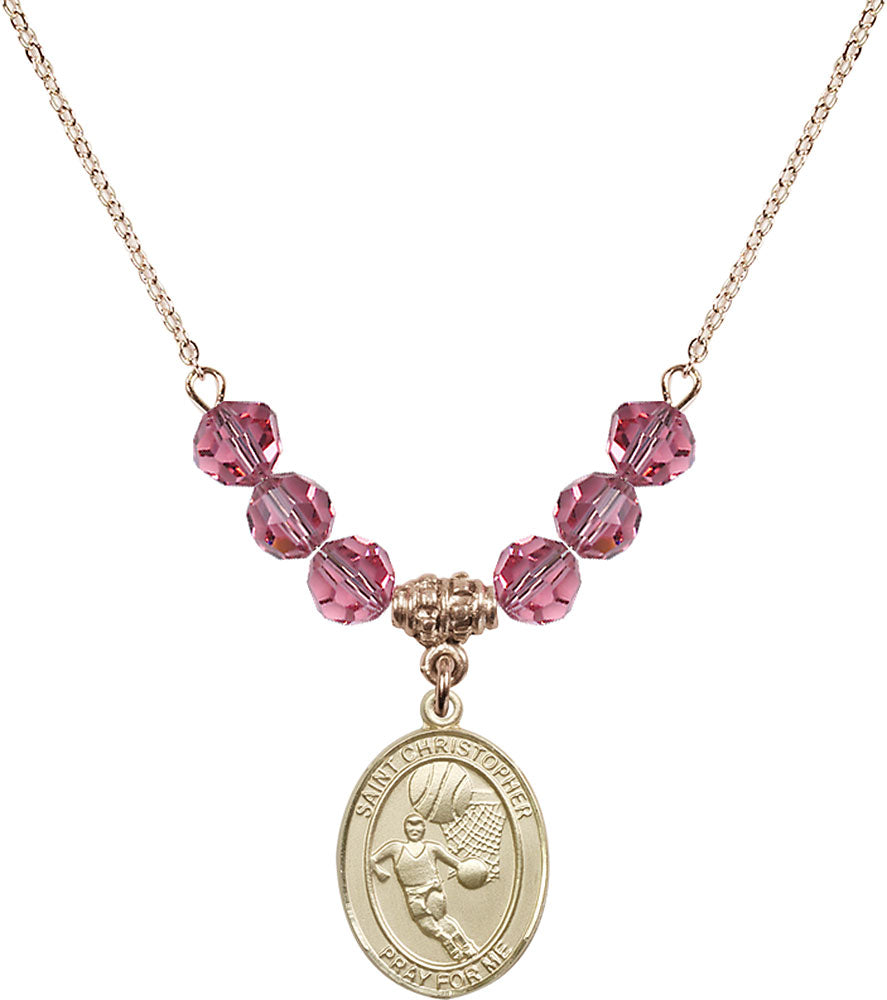 14kt Gold Filled Saint Christopher/Basketball Birthstone Necklace with Rose Beads - 8502