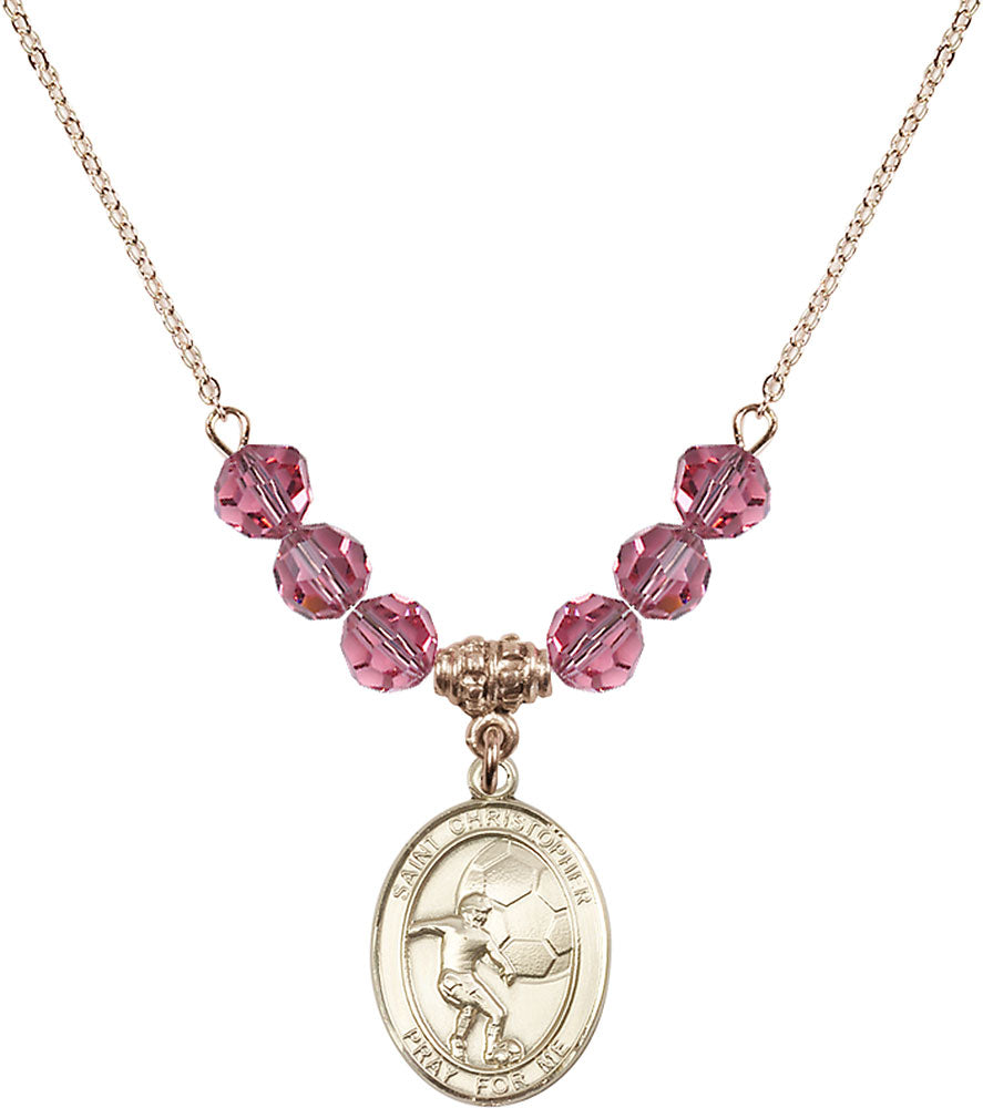 14kt Gold Filled Saint Christopher/Soccer Birthstone Necklace with Rose Beads - 8503